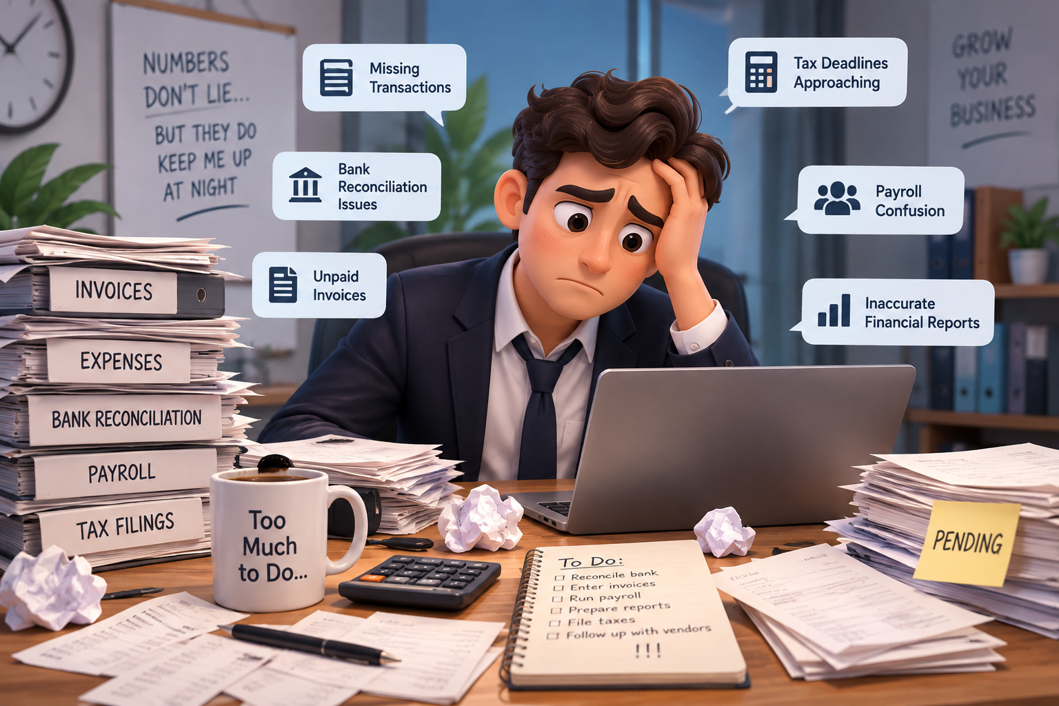 Overwhelmed business owner dealing with bookkeeping backlogs, invoices, and reconciliation issues