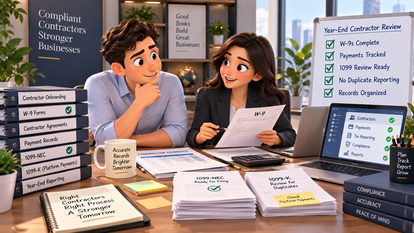 Year-end contractor review checklist, organized records, and 1099 filing preparation